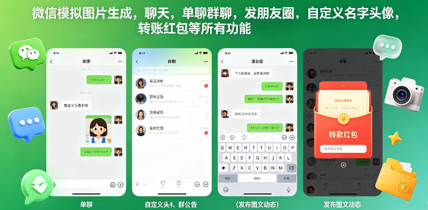 微信模拟图片生成，聊天，单聊群聊，发朋友圈，自定义名字头像，转账红包等所有功能都可以生成-聚力云网创