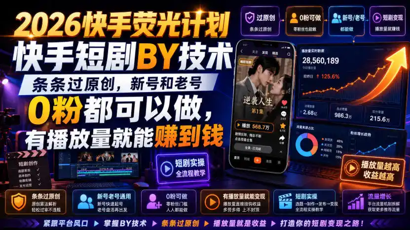 2026快手荧光计划，快手短剧搬运技术，条条过原创，新号和老号0粉都可以做，有播放量就能賺到钱-聚力云网创