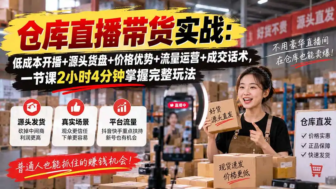 仓库直播带货实战：低成本开播+源头货盘+价格优势+流量运营+成交话术，一节课2小时4分钟掌握完整玩法-聚力云网创