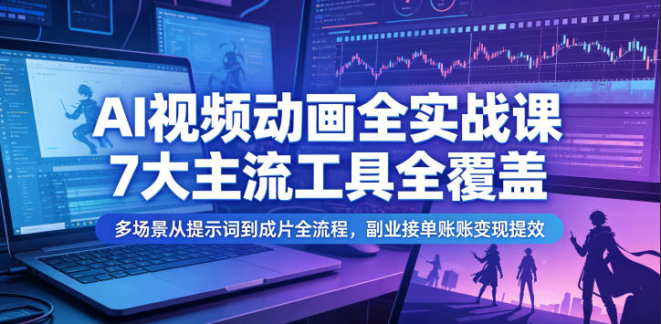 AI视频动画全实战课，7大主流工具全覆盖，多场景从提示词到成片全流程，副业接单账号变现提效-聚力云网创