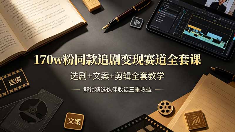 170w粉博主同款追剧变现赛道全套课，选剧+文案+剪辑全套教学，解锁精选伙伴收徒三重收益-聚力云网创