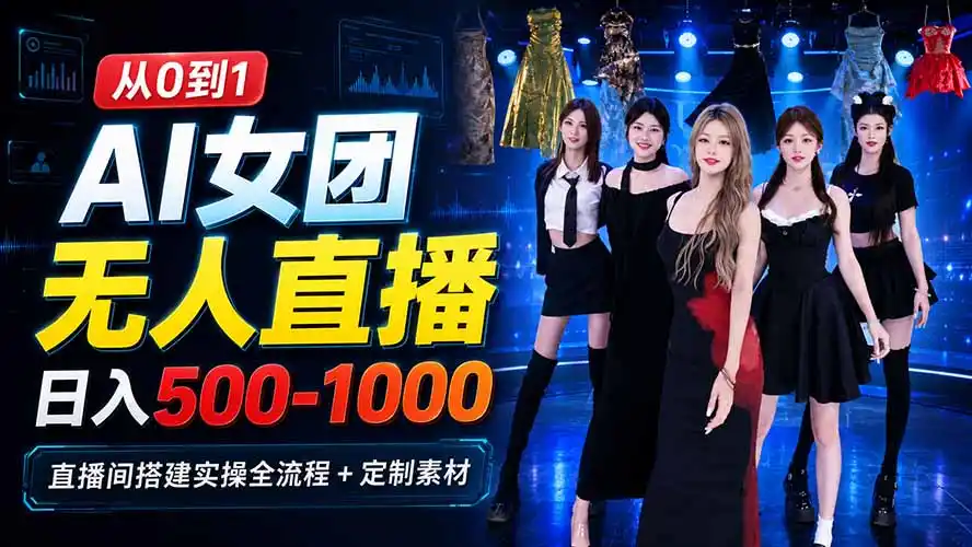 AI 女团无人直播，躺入500-1000每天，直播间搭建实操全流程+定制素材-聚力云网创