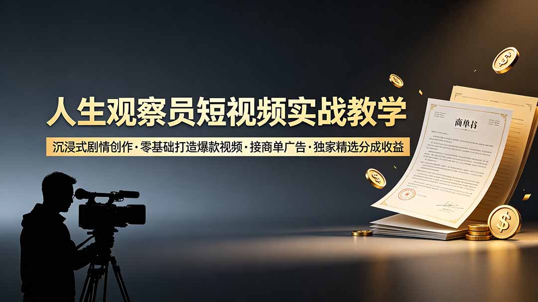 人生观察员短视频实战教学，沉浸式剧情创作，零基础打造爆款视频，接商单广告，独家精选分成收益-聚力云网创