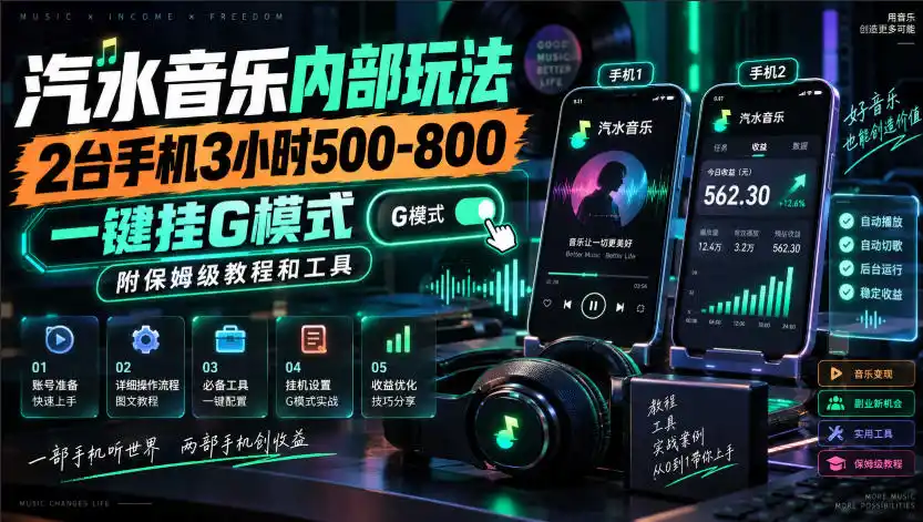 汽水音乐内部玩法，2台手机3小时500-800，一键挂G模式，附保姆级教程和工具【揭秘】-聚力云网创