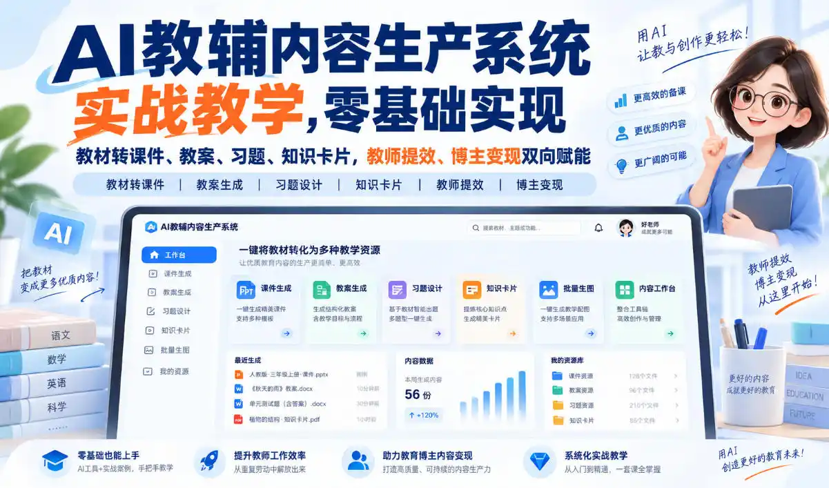 AI教辅内容生产系统实战教学，零基础实现教材转课件、教案、习题、知识卡片，教师提效、博主变现双向赋能-聚力云网创