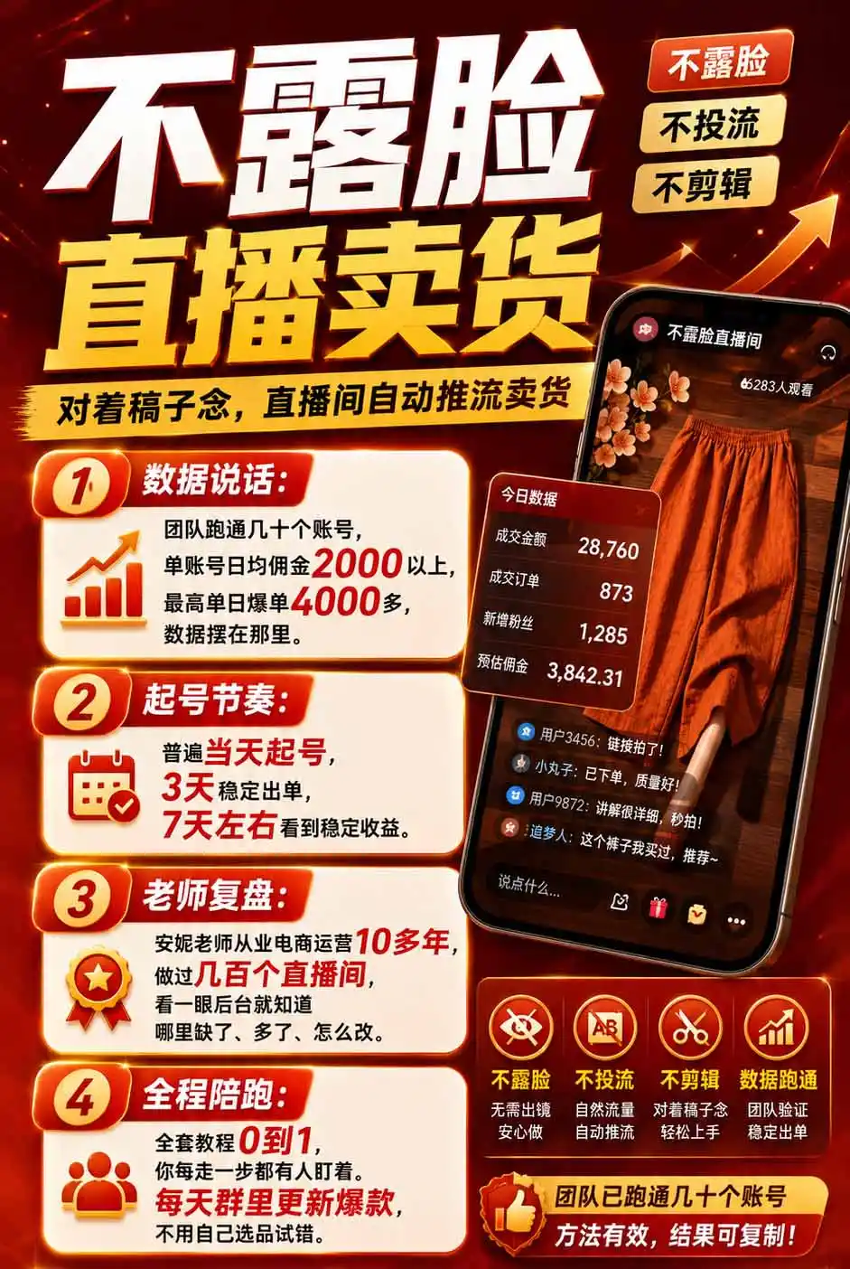 不露脸不投流，这个直播间让我月入过万！没人出镜，订单却一直在出，宝妈直播2小时，佣金839元