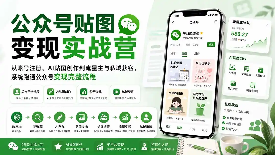 公众号贴图变现实战营：从账号注册、AI贴图创作到流量主与私域获客，系统跑通公众号变现完整流程-聚力云网创