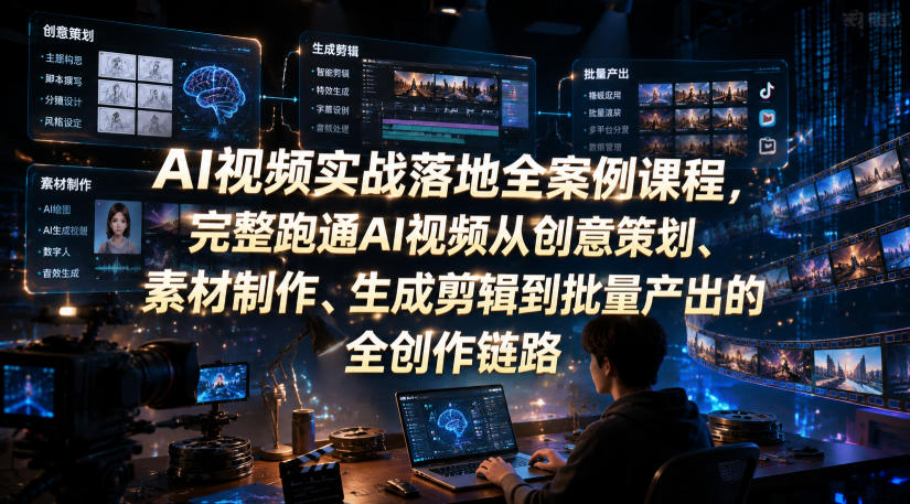AI视频实战落地全案例课程，完整跑通AI视频从创意策划、素材制作、生成剪辑到批量产出的全创作链路-聚力云网创
