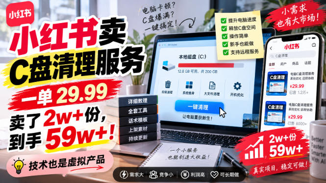 小红书卖C盘清理服务,一单29.99,卖了2w+份,技术也是虚拟产品-聚力云网创