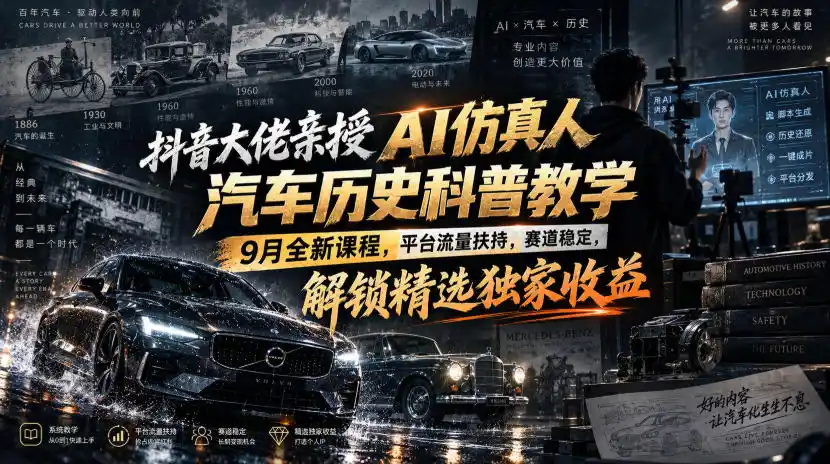 抖音大佬亲授AI仿真人汽车历史科普教学,9月全新课程,平台流量扶持,赛道稳定,解锁精选独家收益-聚力云网创