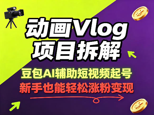 动画Vlog项目拆解,豆包AI辅助短视频起号,新手也能轻松涨粉,43条作品涨粉8.3W-聚力云网创
