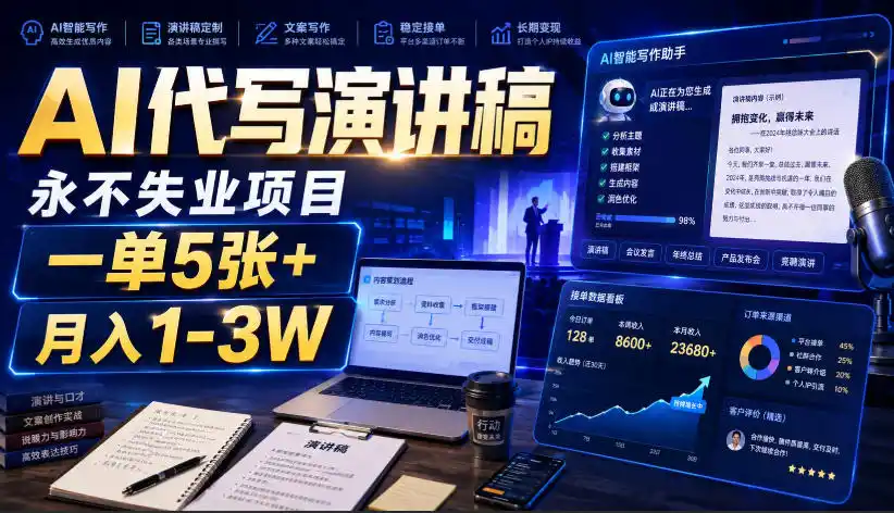 AI代写演讲稿，永不失业项目，一单5张+，月入1-3W【揭秘】-聚力云网创