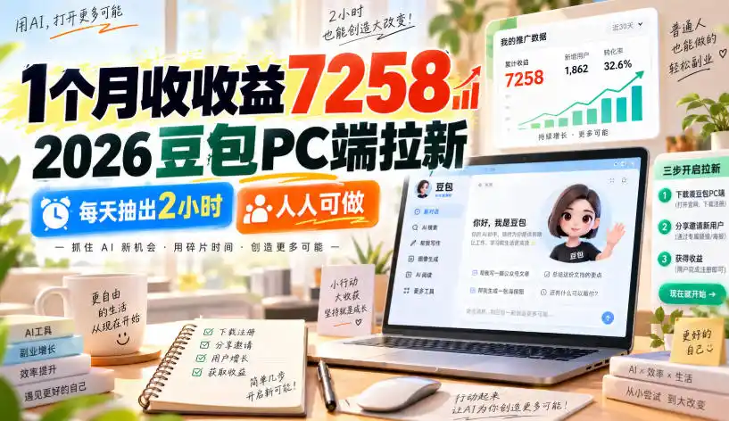 1个月收收益7258，2026豆包PC端拉新，每天抽出2小时，人人可做-聚力云网创