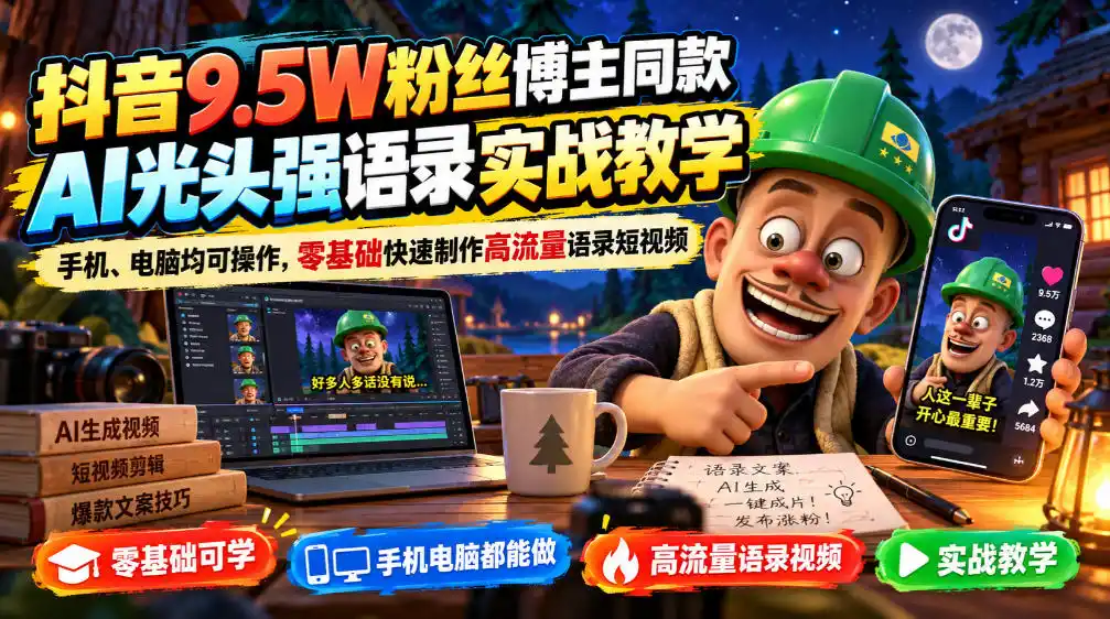 抖音9.5W粉丝博主同款AI光头强语录实战教学,手机、电脑均可操作,零基础快速制作高流量语录短视频-聚力云网创
