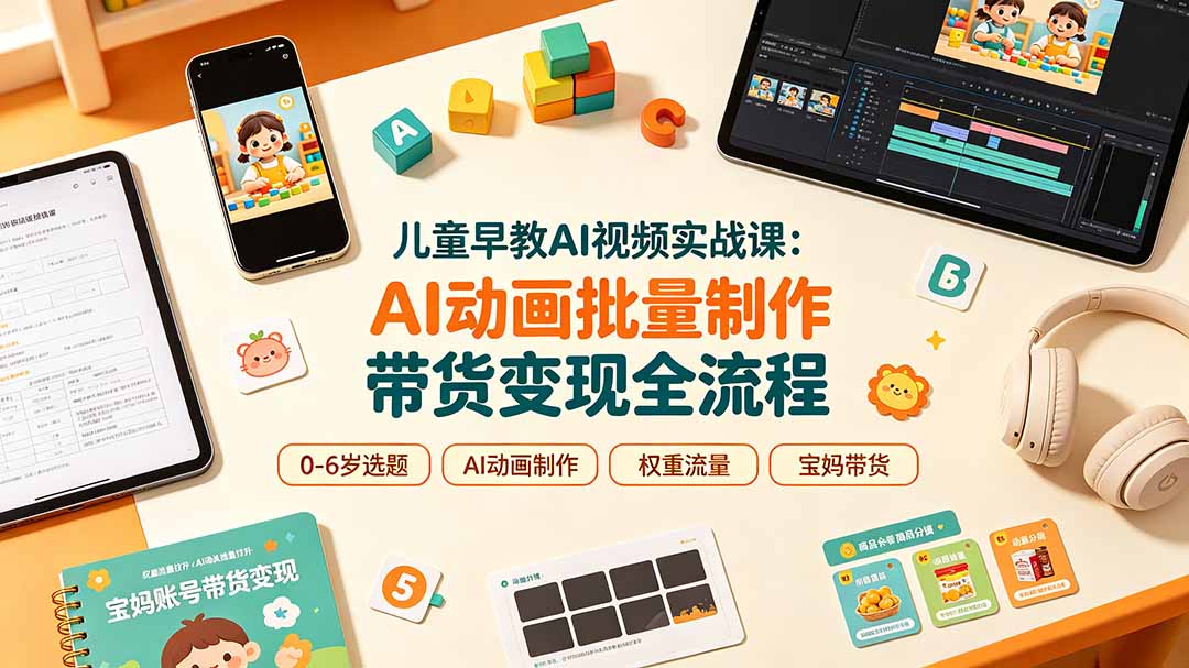 儿童早教AI视频实战课:0-6岁认知选题|AI动画批量制作|权重流量拉升|宝妈账号带货变现全流程-聚力云网创
