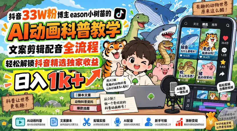 抖音33W粉博主eason小树苗的AI动画科普教学，文案剪辑配音全流程，轻松解锁抖音精选独家收益，日入1k+-聚力云网创