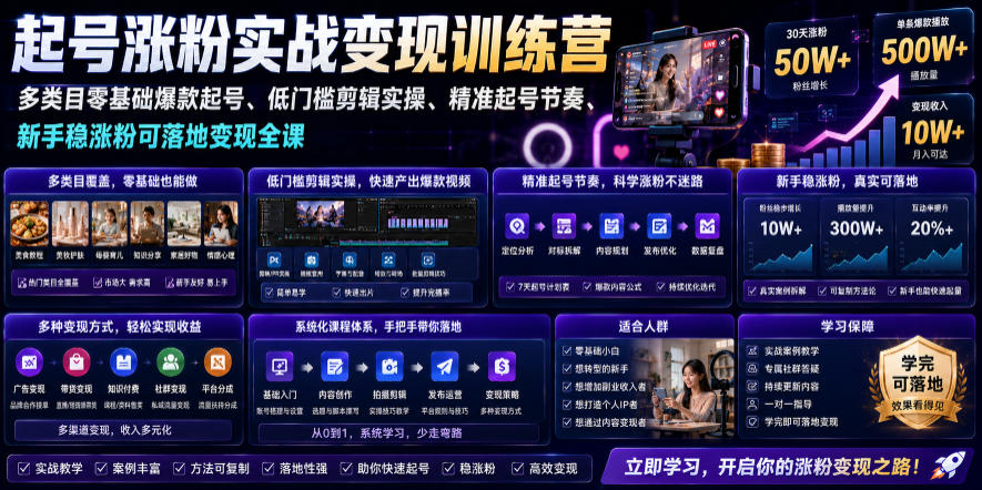 苗子起号涨粉实战变现训练营，多类目零基础爆款起号、精准起号节奏、新手稳涨粉可落地变现全课-聚力云网创