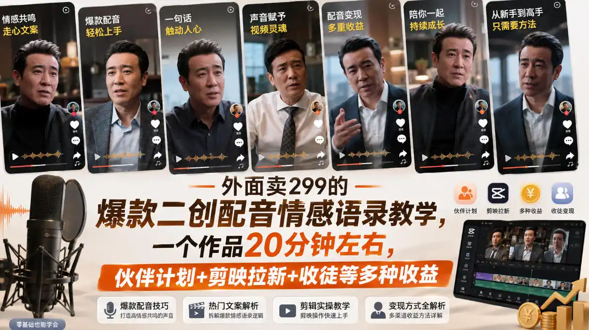 外面卖299的爆款二创配音情感语录教学,一个作品20分钟左右,伙伴计划+剪映拉新+收徒等多种收益-聚力云网创