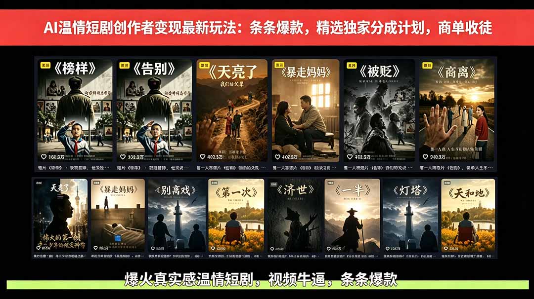 AI温情短剧创作者变现最新玩法:视频牛逼,条条爆款,精选独家分成计划,商单收徒-聚力云网创