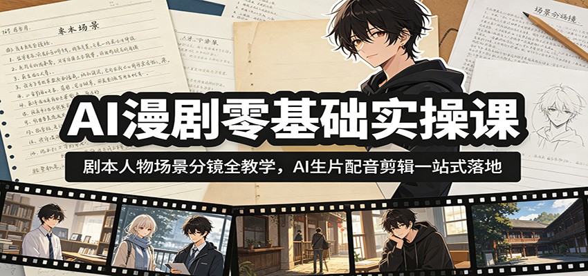 AI漫剧零基础实操课：剧本人物场景分镜全教学，AI生片配音剪辑一站式落地-聚力云网创
