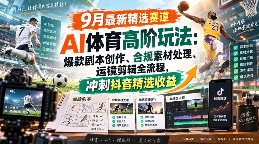某大佬的9月最新精选赛道之AI体育顶级玩法，爆款剧本创作、版权规避、运镜剪辑全流程，稳拿抖音精选收益-聚力云网创