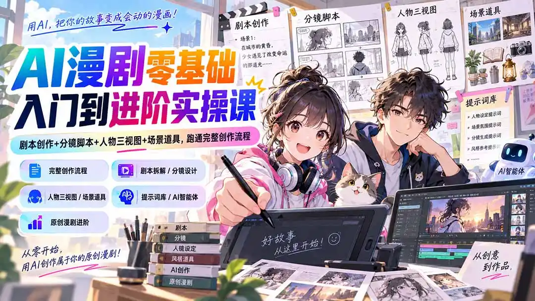 AI漫剧零基础入门到进阶实操课:剧本创作+分镜脚本+人物三视图+场景道具,跑通完整创作流程-聚力云网创