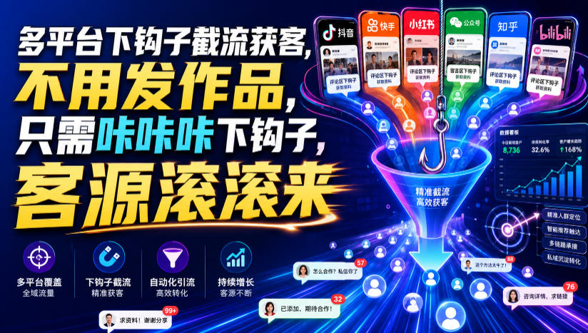 多平台下钩子截流获客,不用发作品,只需咔咔咔下钩子,客源滚滚来-聚力云网创