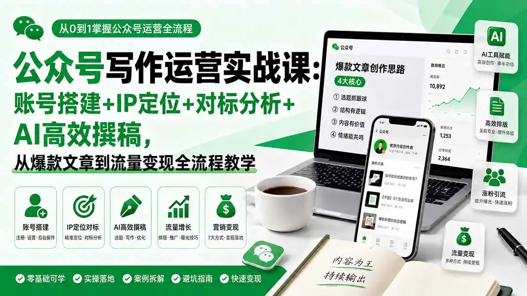 公众号写作运营实战课:账号搭建+IP定位+对标分析+AI高效撰稿,从爆款文章到流量变现全流程教学-聚力云网创