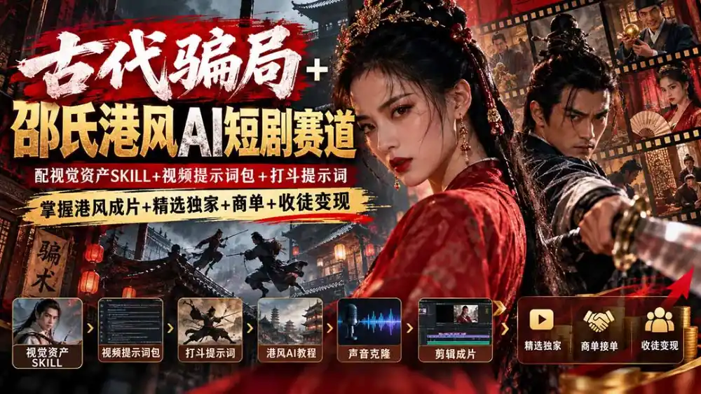 古代骗局+邵氏港风AI短剧赛道:配视觉资产SKILL+视频提示词包+打斗提示词,掌握港风成片+精选独家+商单+收徒变现-聚力云网创