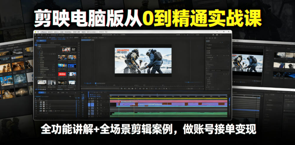 剪映电脑版从0到精通实战课，全功能讲解+全场景剪辑案例，做账号接单变现-聚力云网创