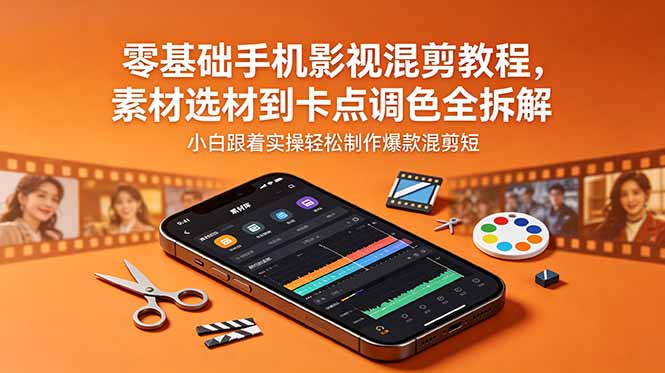 零基础手机影视混剪教程，素材选材到卡点调色全拆解，小白跟着实操轻松制作爆款混剪短片-聚力云网创