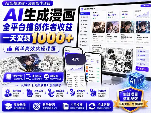 AI生成漫画全平台撸创作者收益内部课程，实操最高单日变现1k+-聚力云网创