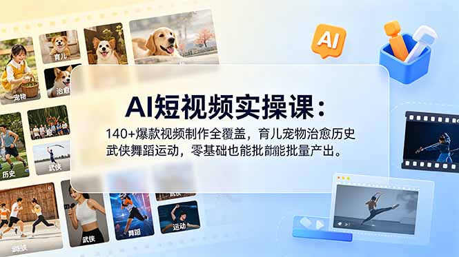 AI短视频实操课：140+爆款视频制作全覆盖，育儿宠物治愈历史武侠舞蹈运动，零基础也能批量产出-聚力云网创