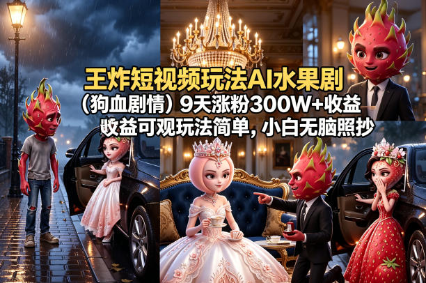 王炸短视频玩法AI水果剧(狗血剧情)9天涨粉300W+收益可观玩法简单,小白无脑照抄,详细拆解玩法-聚力云网创