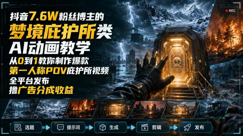 抖音7.6W粉丝博主的梦境庇护所类AI动画教学，从0到1教你制作爆款第一人称POV庇护所视频，全平台发布撸广告分成收益-聚力云网创