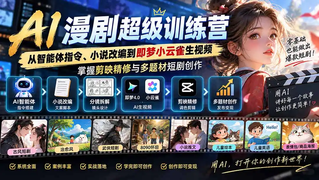 AI漫剧超级特训营：从智能体指令、小说改编到即梦小云雀生视频，掌握剪映精修与多题材短剧创作-聚力云网创