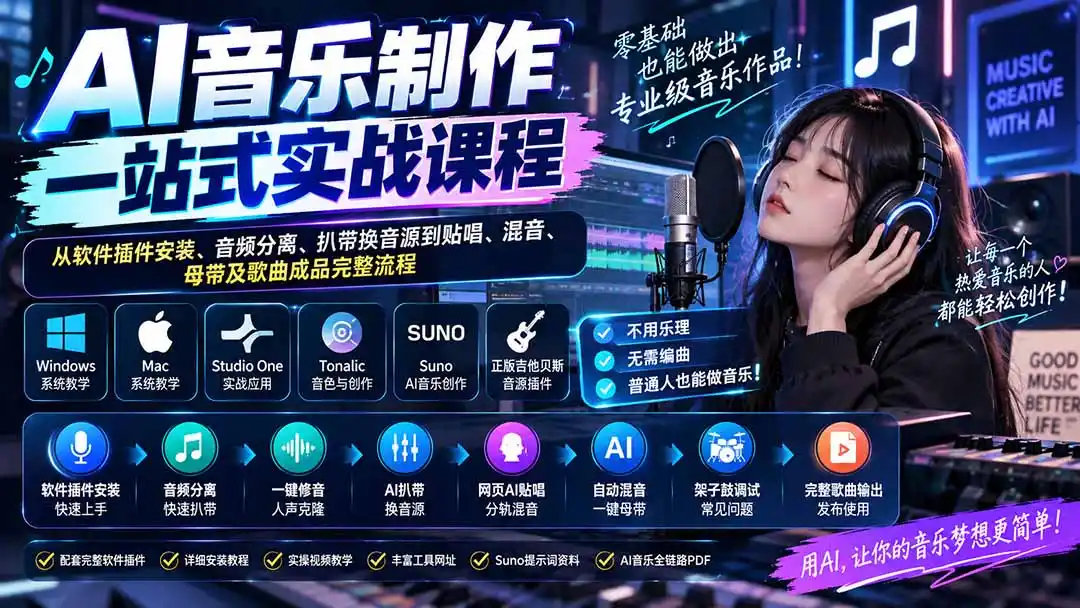 AI音乐制作一站式实战课程：从软件插件安装、音频分离、扒带换音源到贴唱、混音、母带及歌曲成品完整流程-聚力云网创