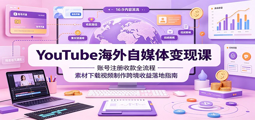 YouTube海外自媒体变现课:账号注册收款全流程,素材下载视频制作跨境收益落地指南-聚力云网创