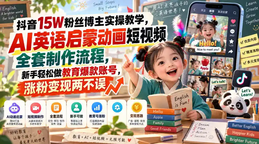 抖音15W粉丝博主实操教学，AI英语启蒙动画短视频全套制作流程，新手轻松做教育爆款账号，涨粉变现两不误-聚力云网创