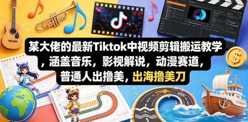 某大佬的最新Tiktok中视频剪辑搬运教学,涵盖音乐,影视解说,动漫赛道,普通人出海撸美刀-聚力云网创