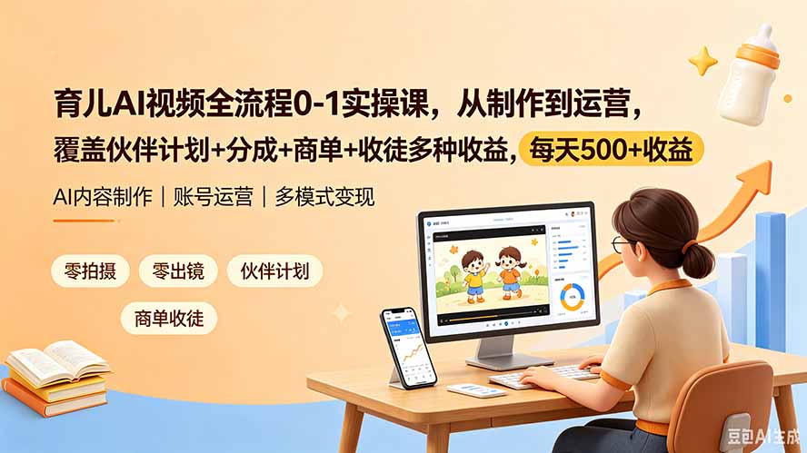 育儿AI视频全流程0-1实操课，从制作到运营，覆盖伙伴计划+分成+商单+收徒多种收益，每天500+收益-聚力云网创