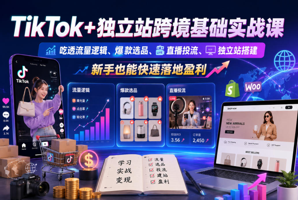 TikTok+独立站跨境基础实战课,吃透流量逻辑、爆款选品、直播投流与独立站搭建,新手也能快速落地盈利-聚力云网创