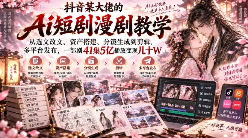 抖音某大佬的Ai短剧漫剧教学，从选文改文、资产搭建、分镜生成到剪辑、多平台发布，一部剧41集5亿播放变现几十W-聚力云网创
