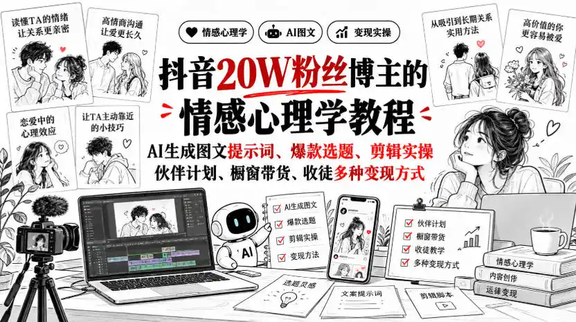 抖音20W粉丝博主静候心声的情感心理学教程,AI生成图文提示词、爆款选题、剪辑实操,伙伴计划、橱窗带货、收徒多种变现方式-聚力云网创