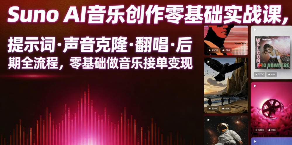 Suno AI音乐创作实战课,提示词・声音克隆・翻唱・后期全流程,零基础做音乐接单变现-聚力云网创