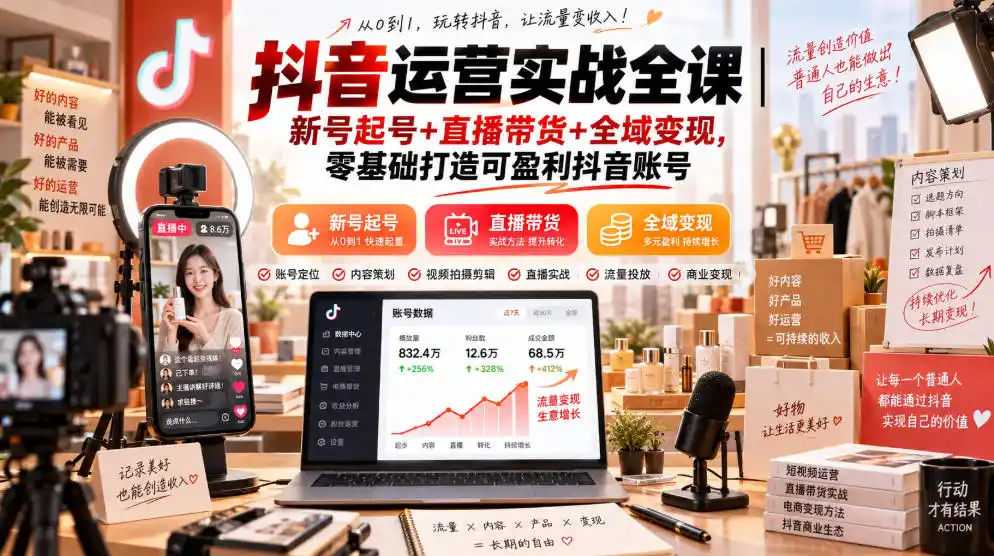 抖音运营实战全课|新号起号+直播带货+全域变现,零基础打造可盈利抖音账号-聚力云网创