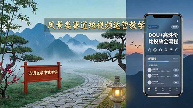 风景类赛道短视频运营教学：诗词文学中式美学，新号养号对标账号定位，DOU+高性价比投放全流程-聚力云网创
