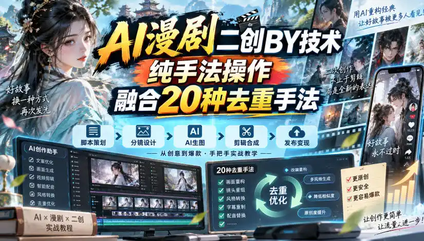 AI漫剧二创搬运技术，纯手法操作，融合20种去重手法-聚力云网创