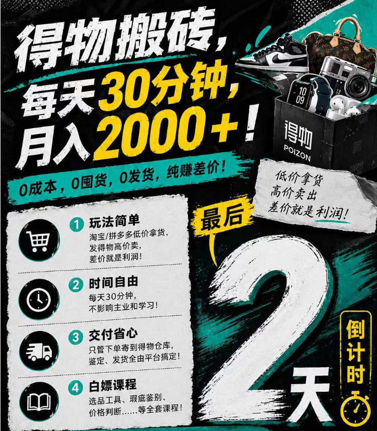 得物搬砖,0成本起步每天30分钟,月入2000+,0成本,0囤货,0发货,纯賺差价-聚力云网创