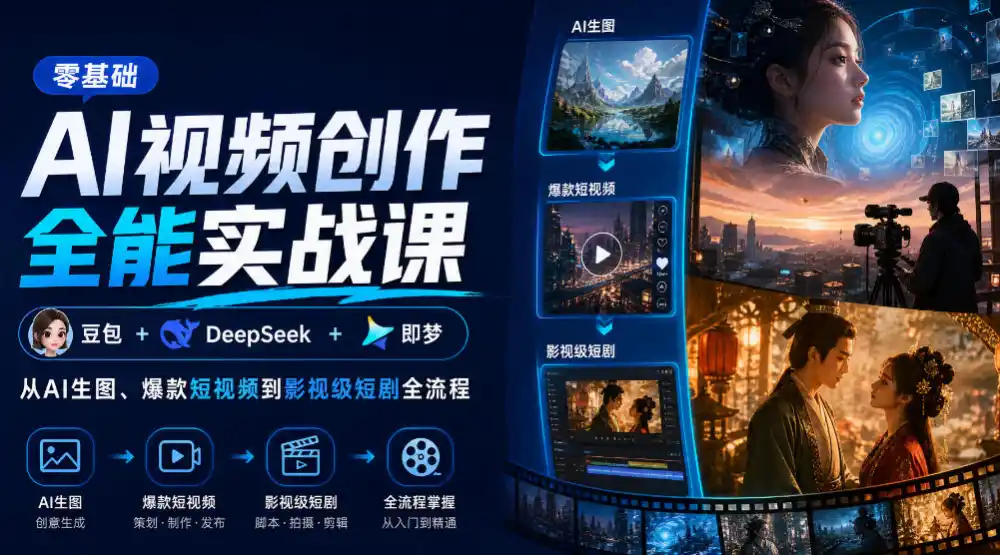 零基础AI视频创作全能实战课｜豆包+DeepSeek+即梦，从AI生图、爆款短视频到影视级短剧全流程-聚力云网创